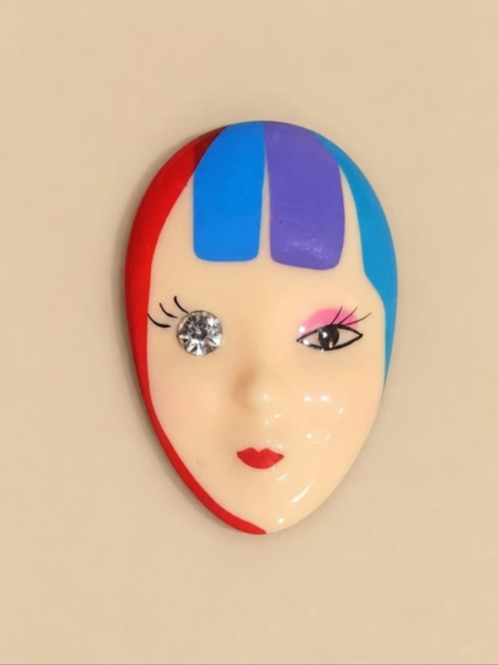Vintage 80s Pop Art Face Brooch Rhinestone Eye Avant-Garde Statement Pin